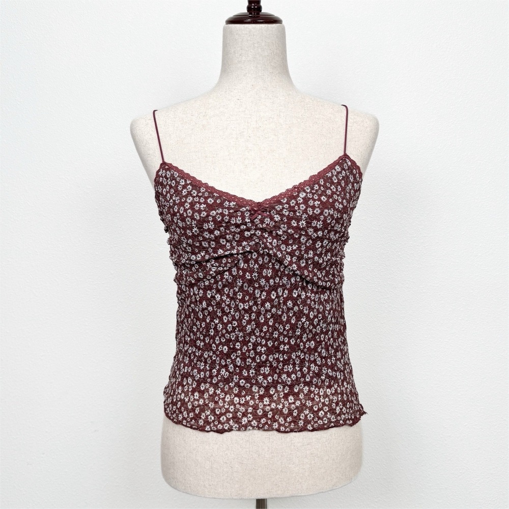 Stich & Pine Top Womens Large Brown Micro Floral Lace Cami Coquette Fairy Whimsy